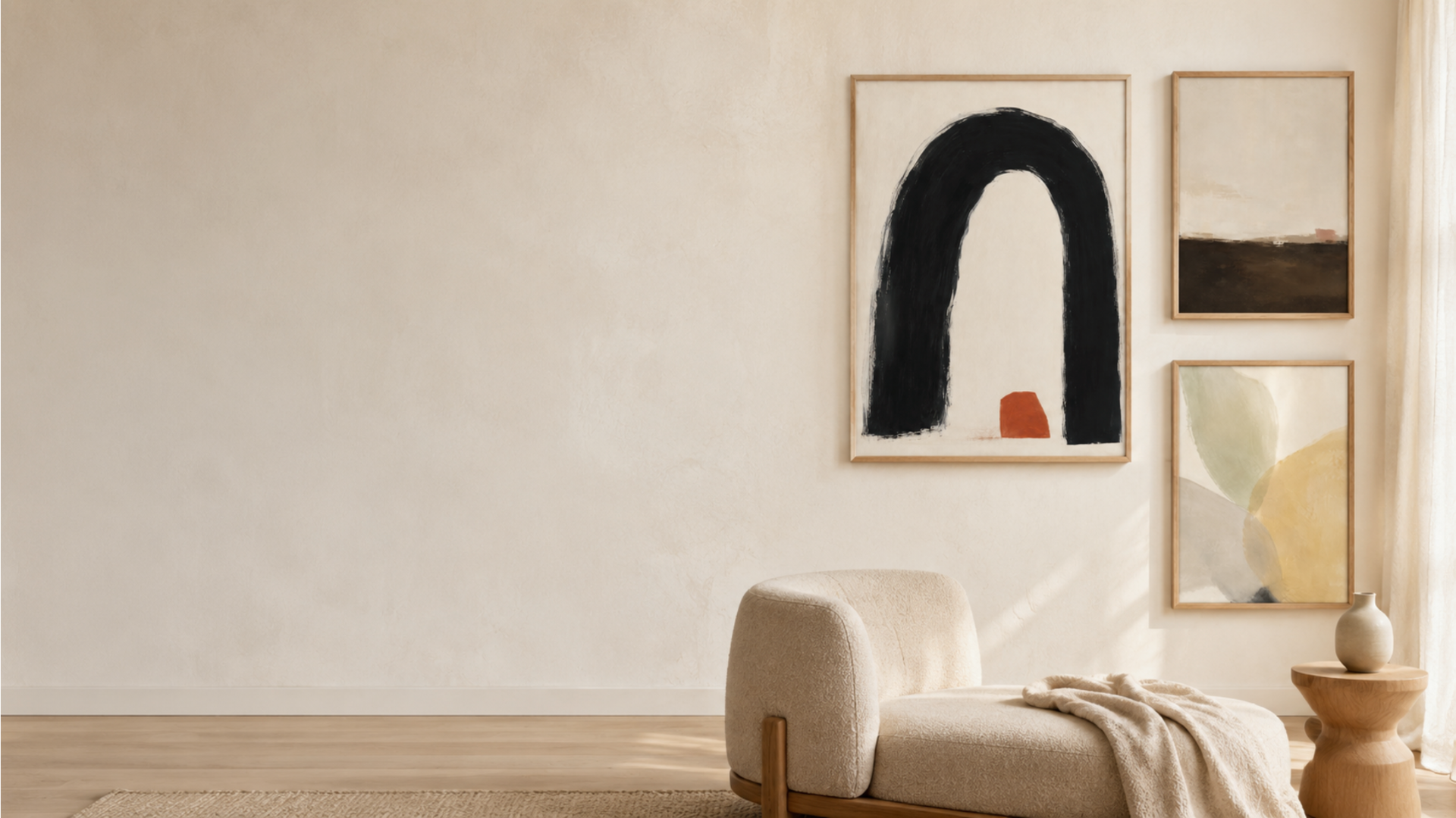 Tavelvägg med posters i ljust vardagsrum