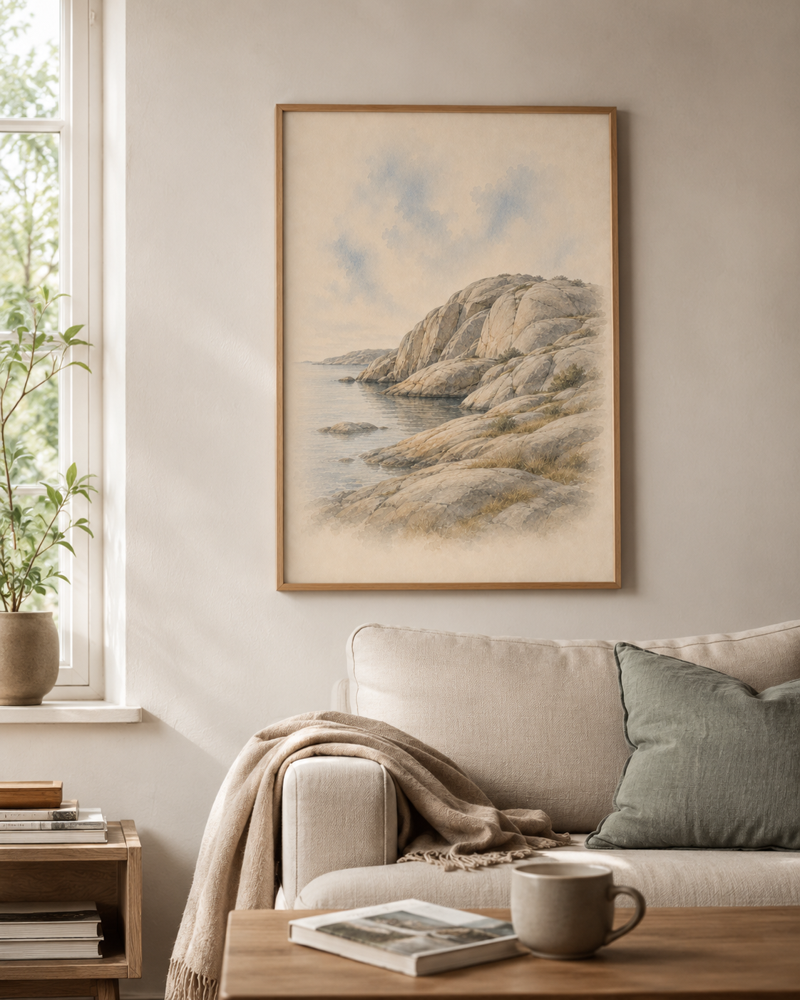 Poster med kustmotiv i vardagsrum med linnesoffa
