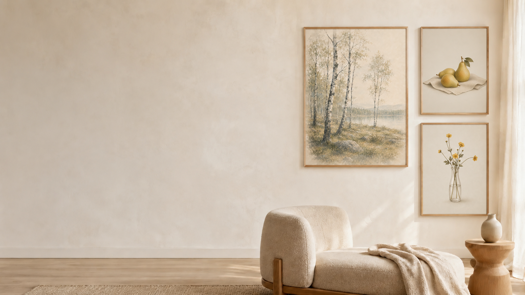 Tavelvägg med posters i ljust vardagsrum