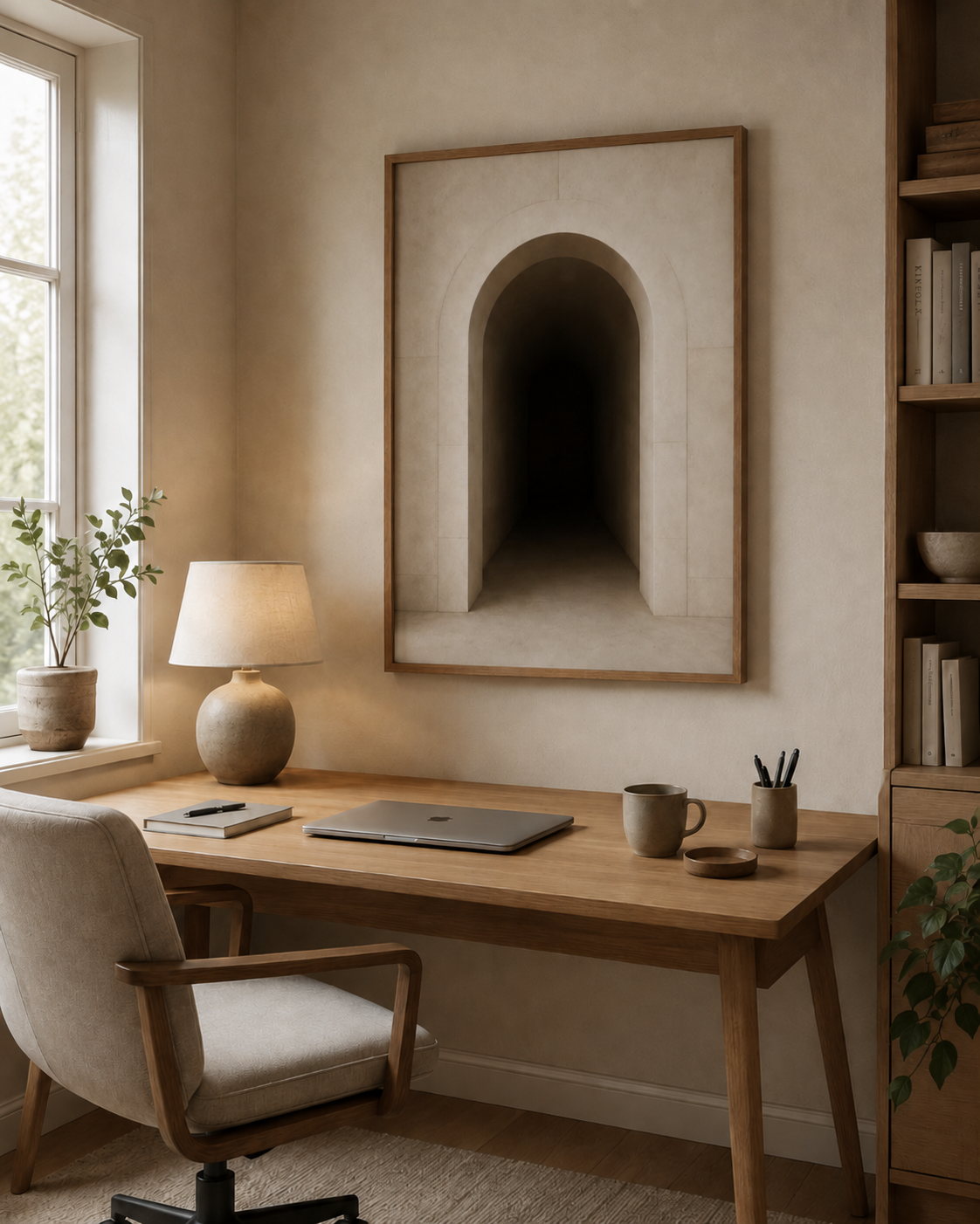 Arkitekturposter med valv över skrivbord i hemmakontor